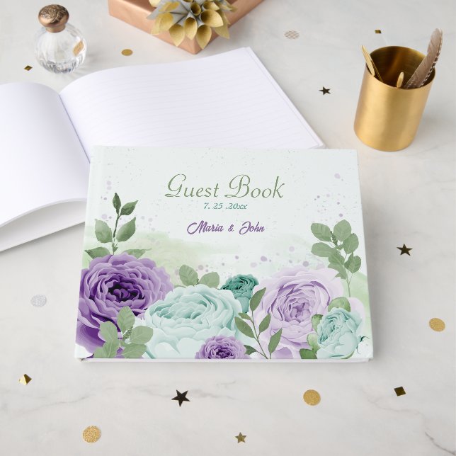 blå lila blommor grönska bröllop gästböcker (Framsida Öppen)