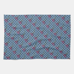 Blå lila blommor och svart polka dots kökshandduk
