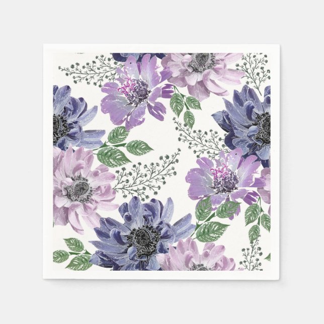 Blå, lila blommor på vit bakgrund. pappersservett (Framsidan)