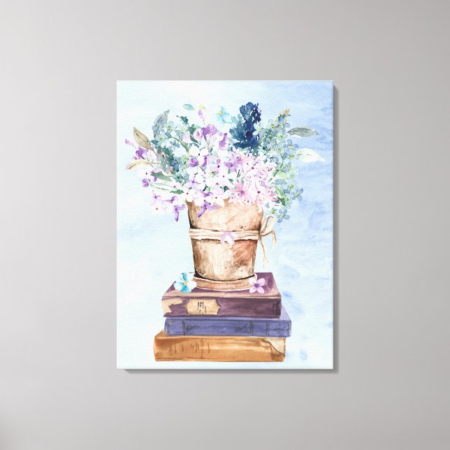Blå Lila Böcker och Blommor Canvas Väggkonst (Framsida)