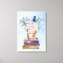 Blå Lila Böcker och Blommor Canvas Väggkonst