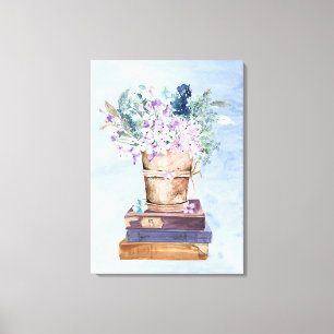 Blå Lila Böcker och Blommor Canvas Väggkonst