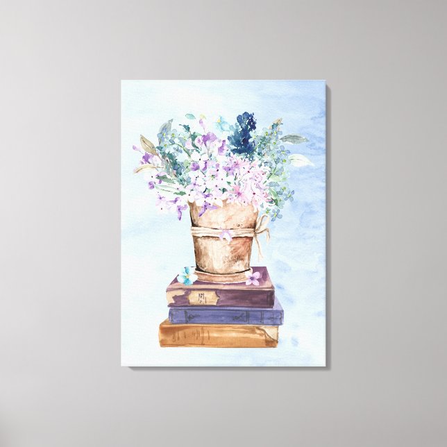 Blå Lila Böcker och Blommor Canvas Väggkonst (Framsida)