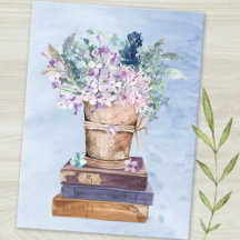 Blå Lila Böcker och Blommor Konst