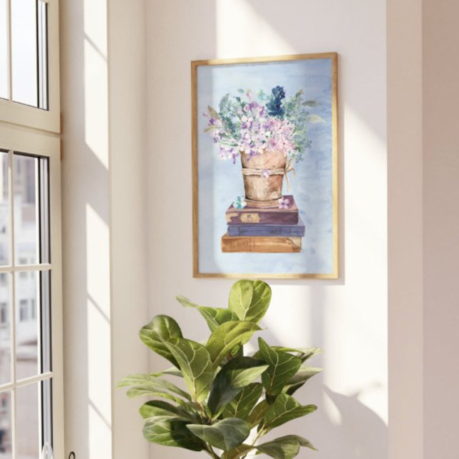 Blå Lila Bokar och Blommor Wall Art Poster (In-Context, Beside the Window)