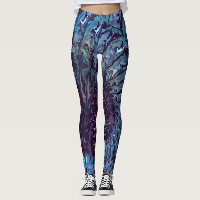 Blå Lila Fraktal Konst Leggings (Framsida)