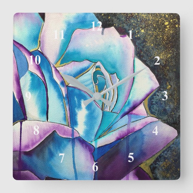 Blå lila gotisk akvarell ros konst fyrkantig klocka (Framsida)