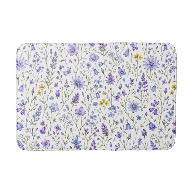 Blå Lila Gul Akvarell Vildblommamönster Badrumsmatta (Framsidan)