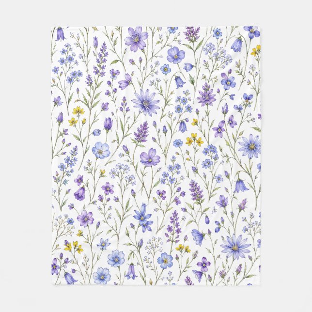 Blå Lila Gul Akvarell Vildblommamönster Fleecefilt (Framsidan)