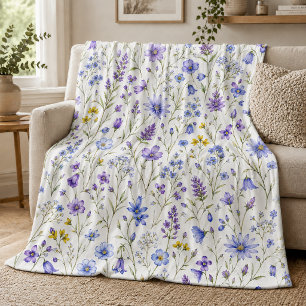 Blå Lila Gul Akvarell Vildblommamönster Fleecefilt