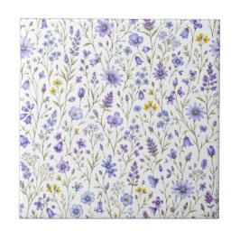 Blå Lila Gul Akvarell Vildblommamönster Kakelplatta