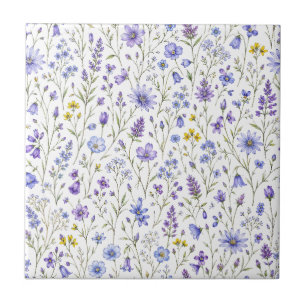 Blå Lila Gul Akvarell Vildblommamönster Kakelplatta