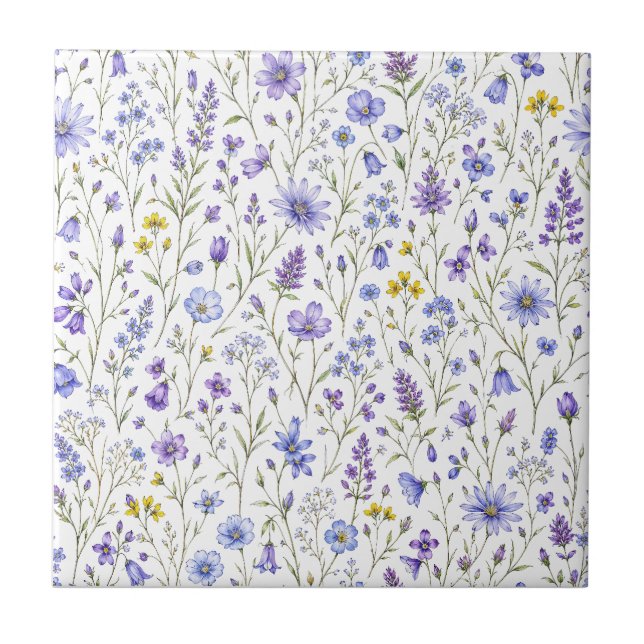 Blå Lila Gul Akvarell Vildblommamönster Kakelplatta (Framsidan)