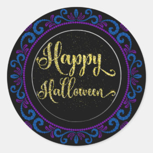 Blå Lila Guld Glitter vid Svarta Happy halloween Runt Klistermärke