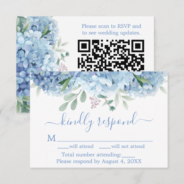 Blå Lila Hydrangeas Blommig Bröllops RSVP QR-kod Tack Kort (Fram/baksida)