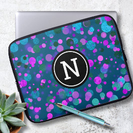 Blå lila konetti glitter dots monogram på teal laptop fodral