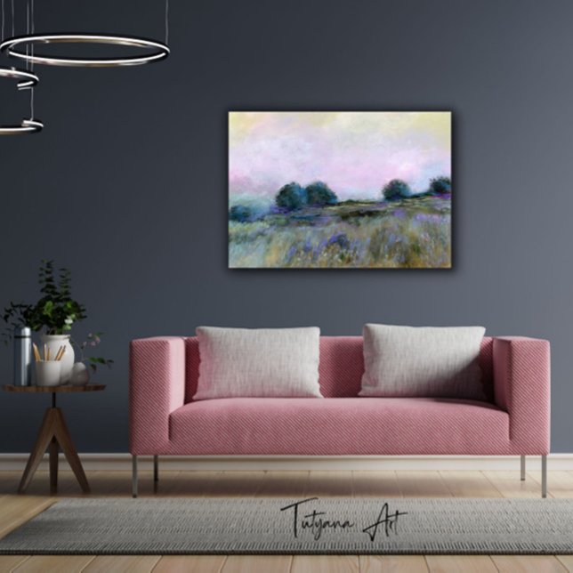 Blå Lila Meadow liggande Canvastryck (Blue Purple Meadow Landscape Painting)