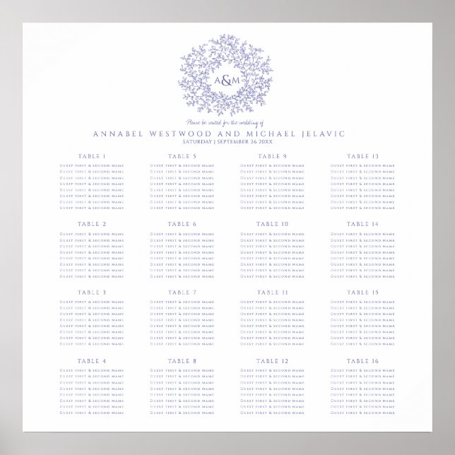 Blå lila monogram  16 bord vigsel plan poster (Framsidan)