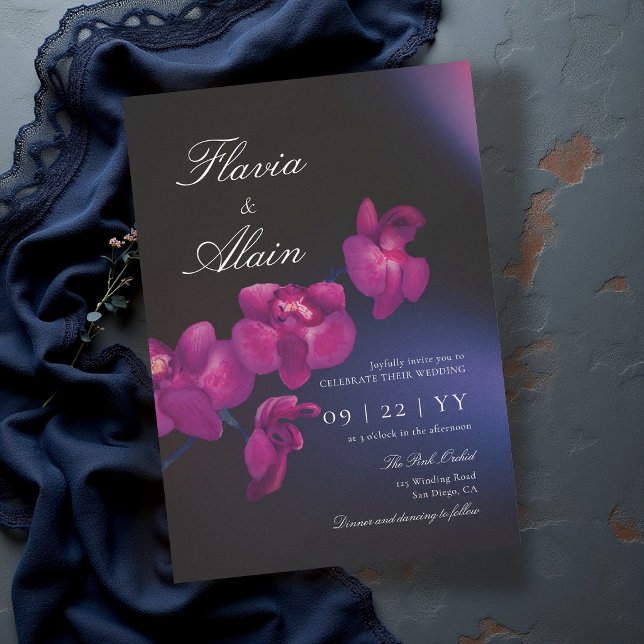 Blå Lila Mörk Romantisk Orkidé Bröllop Inbjudningar (blue and purple wedding theme orchid invitations modern elegant formal whimsigoth dark moody romance)