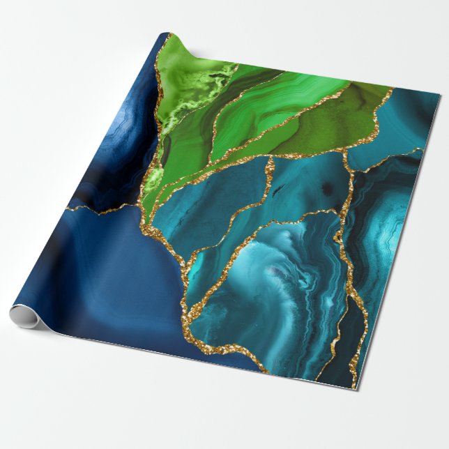 Blå, Lila och Grönt Peacock Agate Faux glitter Presentpapper (Utrullad)