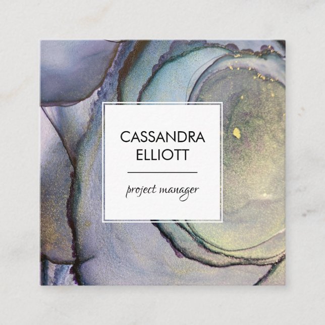 Blå Lila och Guld Alcohol Bläck Liquid Art Fyrkantigt Visitkort (Framsida)