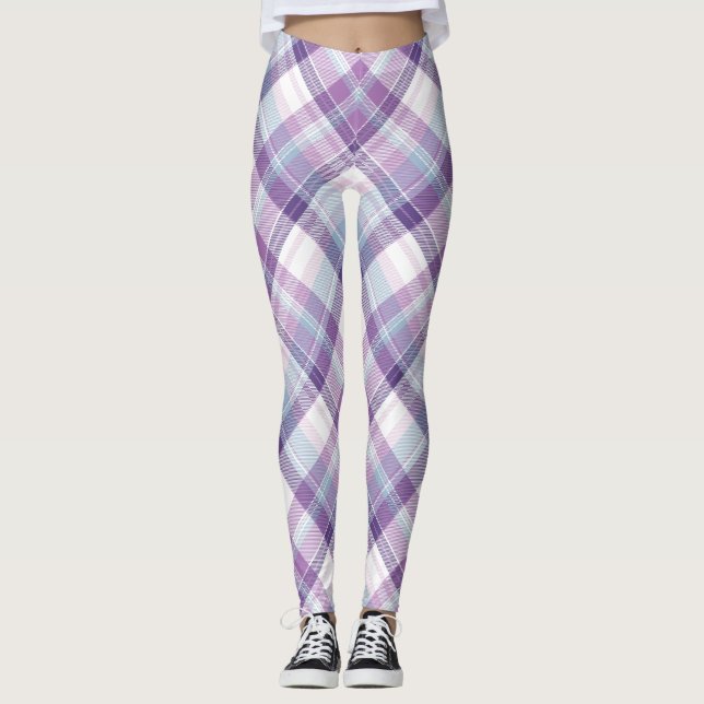 Blå, lila och vit rutig mönsterleggings leggings (Framsida)