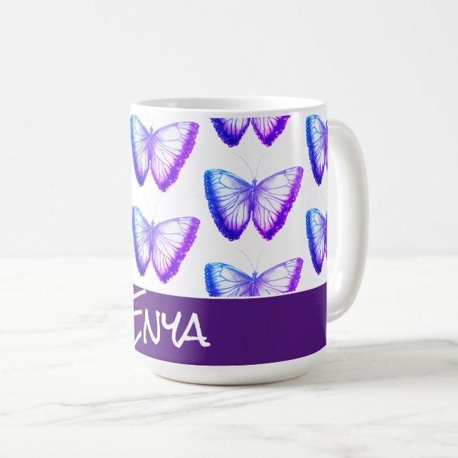 Blå lila personlig, söta fjärilar kaffemugg (Framsida höger)