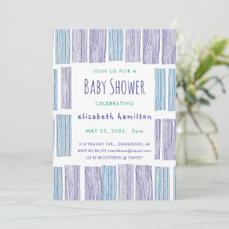 Blå & Lila Ritade Randiga Baby Shower Inbjudan