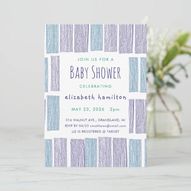Blå & Lila Ritade Randiga Baby Shower Inbjudan (Stående Fram)