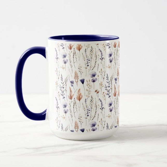 Blå Lila Ros Beige Vildblommor Botanisk Boho Mugg (Vänster)