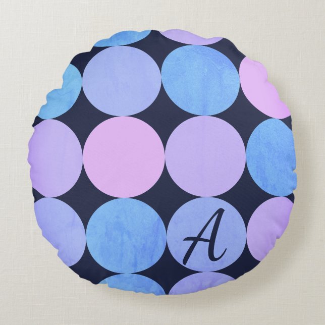 Blå Lila & Rosa Cirklar Monogram Rund Kudde (Framsidan)