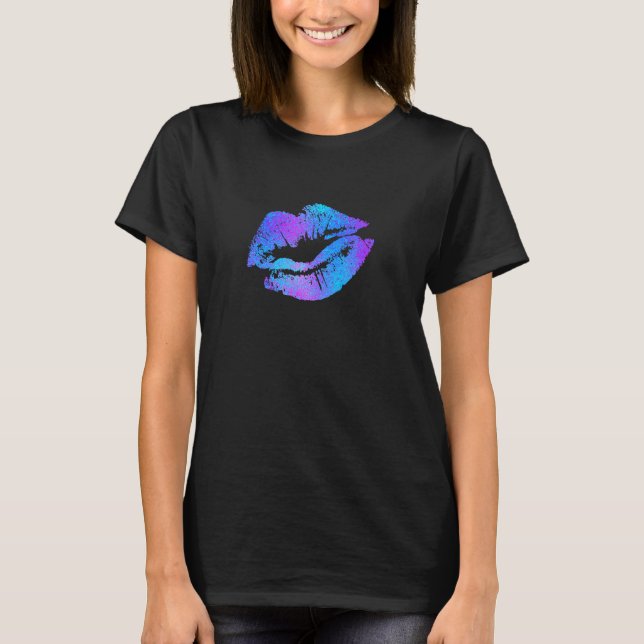 Blå & Lila Rosa Fantasi Målad Läppar T Shirt (Framsida)