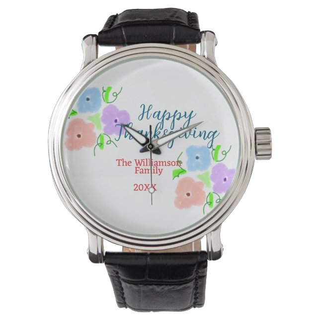 Blå lila rosa happy thanksgiving add-familj n. armbandsur (Framsida)