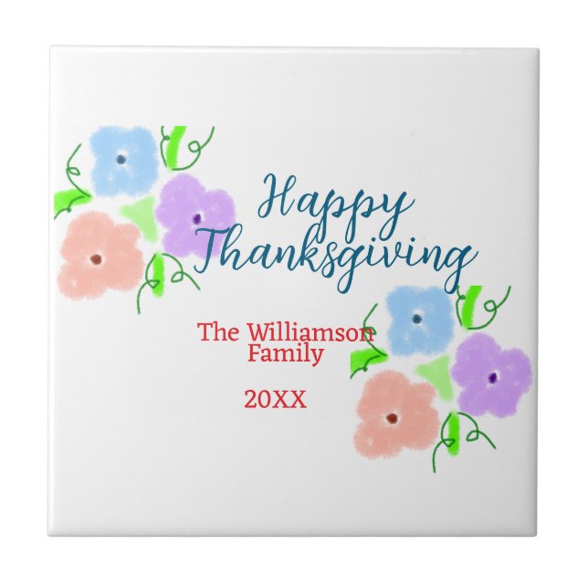 Blå lila rosa happy thanksgiving add-familj n. kakelplatta (Framsidan)