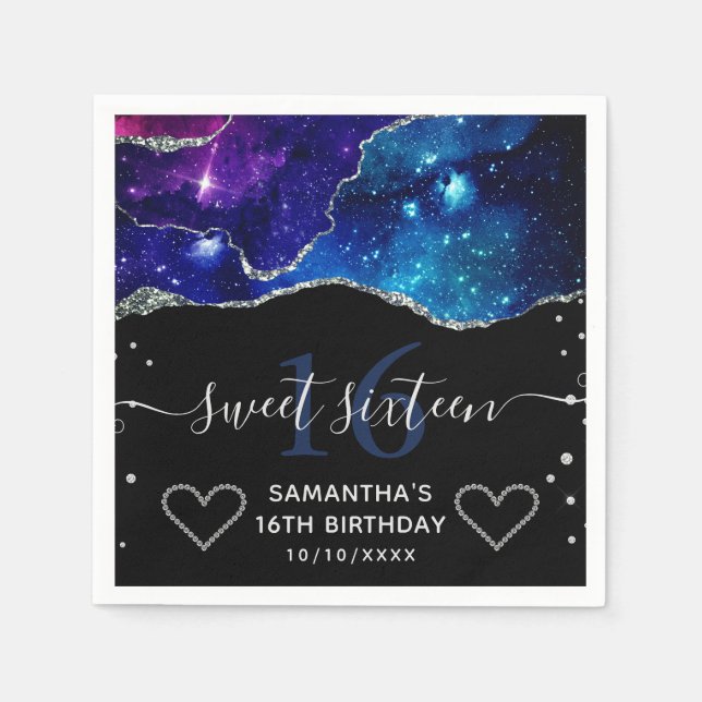 Blå & Lila Silver Glitter Galax Agat Söt 16 Pappersservett (Framsidan)