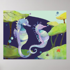 Blå Lila Sjöhästar Under Havet Poster
