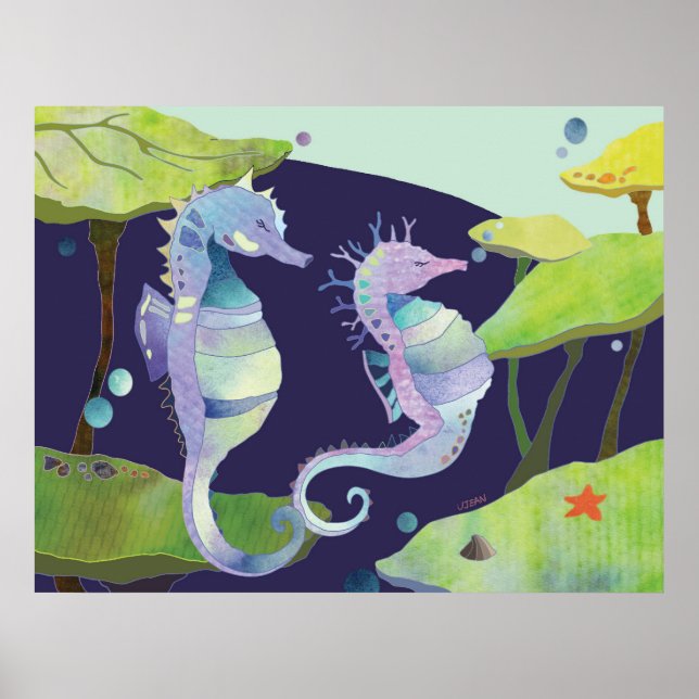 Blå Lila Sjöhästar Under Havet Poster (Framsidan)