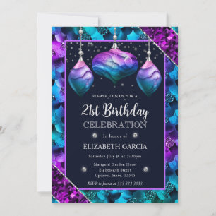 Blå & lila sjöjungfruornament 21-årsdag inbjudningar