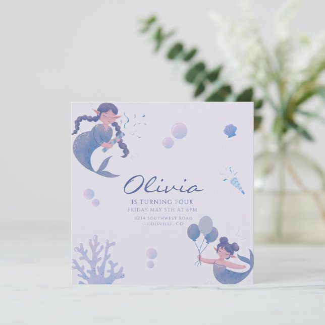 Blå lila sjöjungfrustjärt under havet födelsedag  inbjudningar (Stående Fram)