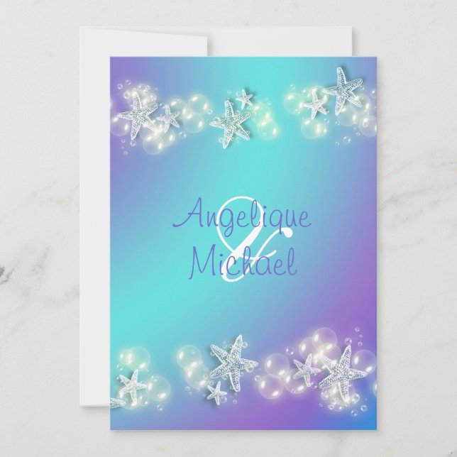 Blå lila strandstjärt bröllop inbjudningar (Framsida)