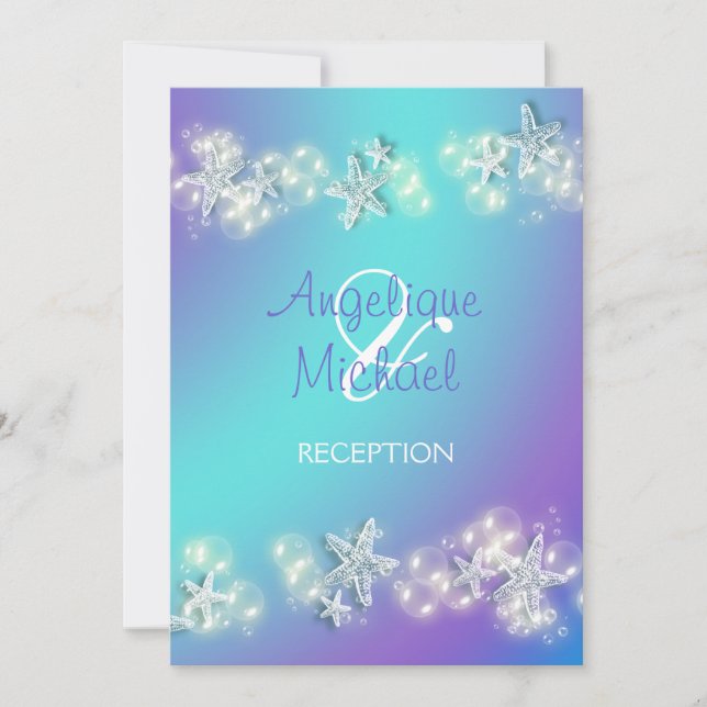 Blå lila strandstjärt bröllop inbjudningar (Framsida)