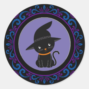 Blå Lila svart katt med ett gikthögar Halloween Runt Klistermärke