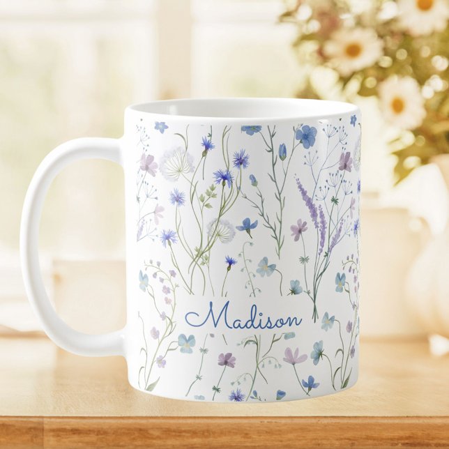 Blå Lila Vacker Vildblomma Blommönster Kaffemugg (In situ)
