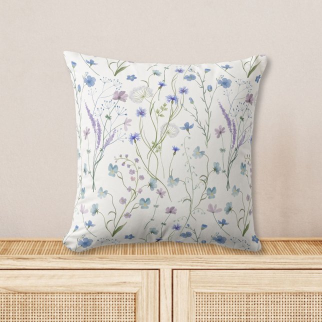 Blå Lila Vacker Vildblomma Blommönster Kudde (In situ)