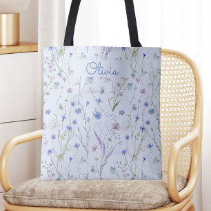 Blå Lila Vacker Vildblomma Blommönster Tygkasse
