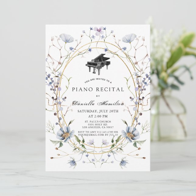 Blå Lila Vildblomma Piano Vit Konsert Inbjudningar (Stående Fram)
