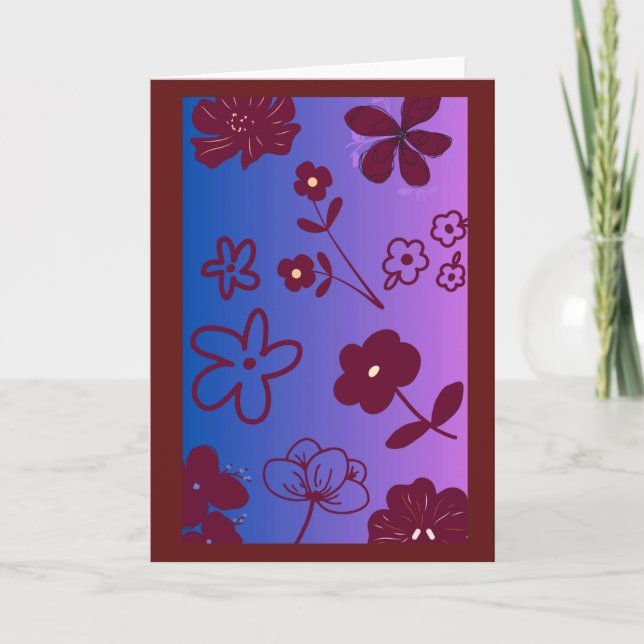 Blå Lila & Vinröd Blommig Design Kort (Framsida)