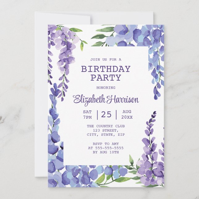 Blå Lila Wisteria Blommigt Födelsedagsfest Inbjudningar (Framsida)