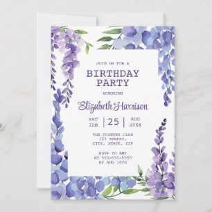 Blå Lila Wisteria Blommigt Födelsedagsfest Inbjudningar