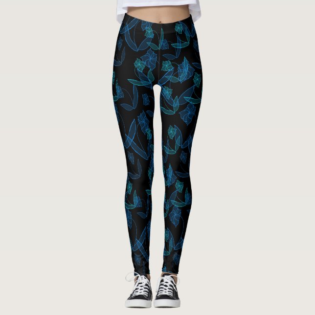 Blå liljor på svarta Leggings (Framsida)